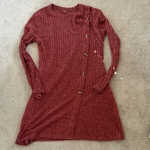 Ribbed Long Sleeve Button-Front Dress in Burgundy